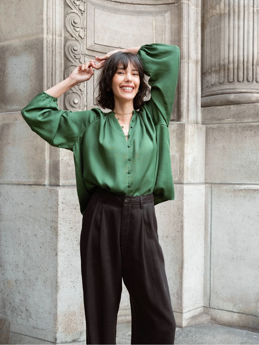 Darling Society Pine Emerald Green Button-Front Blouse